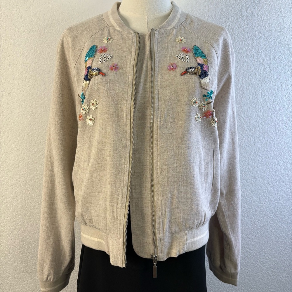 Anthropologie Blue Rain Sequin Hummingbird Bomber Jacket Size Small (S) - Picture 4 of 15